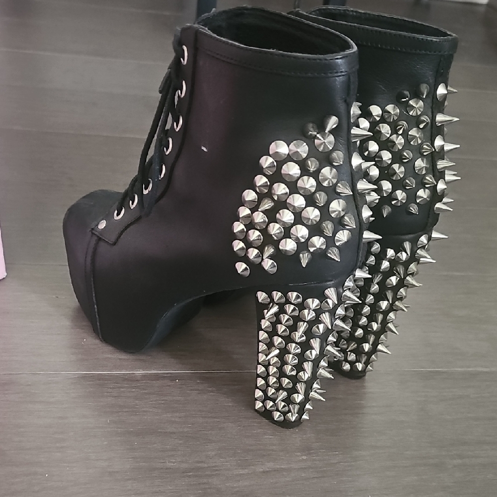 Jeffrey Campbell Black Lace-Up Platform Boots with Silver Spikes - Picture 4 of 16